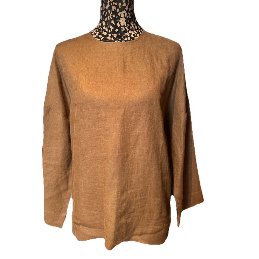 Zara 100% Linen Long Sleeve Crewneck Top in Camel Brown
